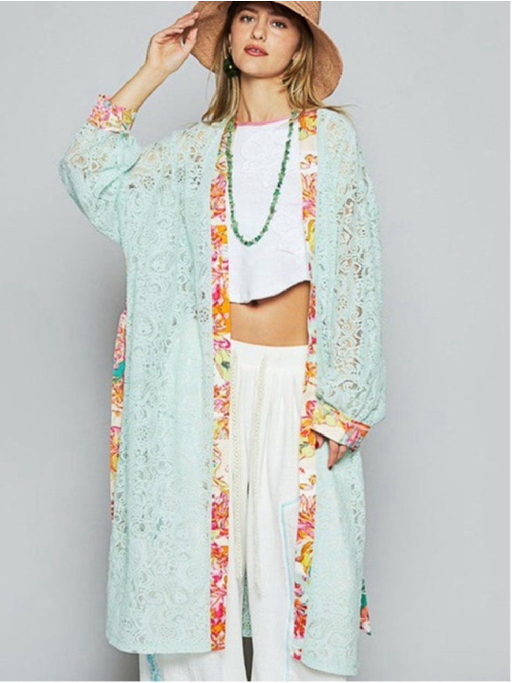 POL Clothing Floral Trim Lace Open Front Longline Cardigan Robe Size L NIB